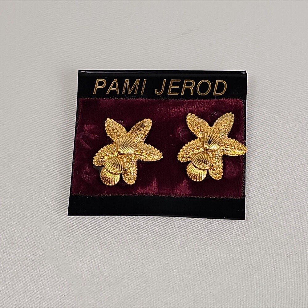 Vintage Pami Jerod Seashell Starfish Clip-On Earrings Gold Tone 1980s